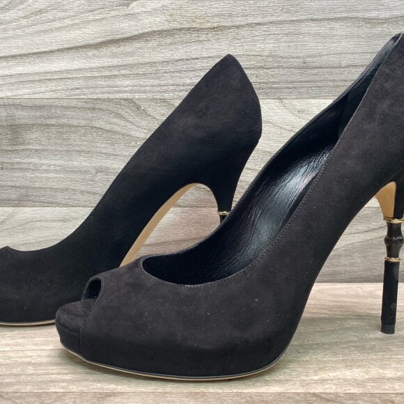Gucci Black Suede Bamboo Heel Peep Toe Pumps Size 41 with Box - Picture 7 of 11
